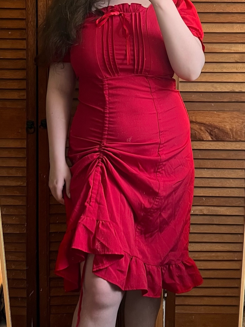 Women's Red Ruched Midi Dress with Ruffle Hem